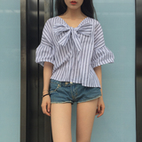 韩版简约宽松显瘦蝴蝶结条纹喇叭袖短款套头衬衫女学生娃娃衫上衣