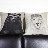 黑熊和狮子黑白素描抱枕棉麻  简约时尚靠枕美式皮沙发靠垫潮流
