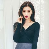 韩国代购女CHUU 2016新款性感深V领修身贴身薄款套头针织衫