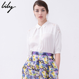 Lily2015夏新款女装纯色勾花镂空五分袖衬衫115250G4165