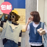2016春季夏季新款韩版休闲学院风宽松T恤 流苏牛仔马甲两件套装女