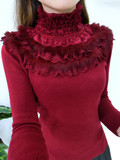 2015秋冬新款韩版女装蕾丝高领拼接兔毛针织衫柔软毛衣打底衫上衣