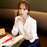 2016春季新品韩版女装打底衫修身白色长袖V领休闲百搭雪纺衫衬衫