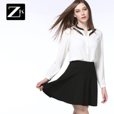 ZK镂空撞色拼接V领雪纺白衬衫女装长袖修身百搭衬衣2016春装新款