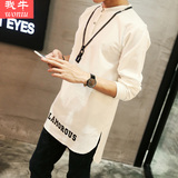 春夏季韩版男士长袖衬衣青年中长款修身型衬衫日系潮流字母白寸衫
