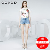 【2件折上8折包邮】CCDD2016夏女抽象花朵圆领短袖T恤通勤上衣