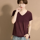 【偶遇陆家】简约百搭口袋纯色休闲V领短袖T恤 2016夏季女装新款