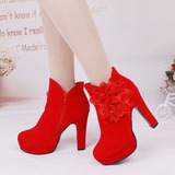 秋冬季短筒靴女靴子红色新娘鞋结婚鞋高跟粗跟防水台花朵婚靴裸靴