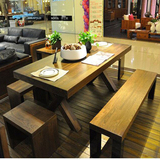 全实木餐桌椅组合6人 长方形饭桌原木做旧咖啡桌美式长桌复古餐桌