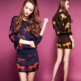 2016春秋韩版长袖毛衣针织衫两件套显瘦女套装圆领连衣裙包臀短裙