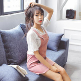 2016夏季新装韩版时尚学院风灯芯绒背带短裙高腰纯色A字裙