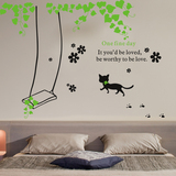 可爱卡通秋千下的小猫咪创意卧室墙贴画冰箱房间装饰墙面墙壁贴纸