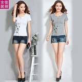 2016春装新款韩版女装短袖T恤女士修身显瘦打底衫大码棉衬衫