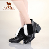Camel骆驼女靴 春新款 优雅奢华 方头方跟后拉链貂毛短靴
