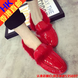 香港IT代购欧美英伦范红色加绒棉鞋兔毛圆头平跟平底女单鞋豆豆鞋