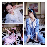 韩版夏季纯棉开衫睡衣女套装薄款甜美公主可爱蕾丝家居服粉白蓝色
