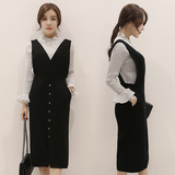 2016春季女装韩版小香风背带两件套连衣裙女中长款修身打底套装裙