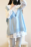 2015秋冬韩版甜美休闲娃娃领白衬衫搭配V领学院风针织毛衣套装女