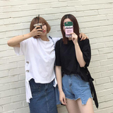 韩版夏季女装新款个性绷带短袖棉T恤宽松圆领套头纯色五分袖上衣