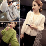 韩国代购2015秋冬季韩版短款套头针织衫灯笼袖毛衣女上衣外套女装