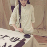 2016春装棉麻民族风女装上衣中式立领盘扣复古布衣米白色长袖衬衫