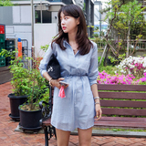 韩版2016秋季新款森女甜美 细条纹衬衣式长袖 连衣裙