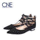 CNE2016新品尖头纯色铆钉女单鞋罗马风脚踝系带平底单鞋7M23541