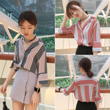 2016夏季新款宽松显瘦V领条纹衬衫韩版撞色七分袖上衣甜美女学生