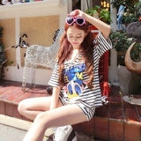 韩国东大门夏季休闲时尚套装女条纹卡通唐老鸭T恤短裤两件套潮