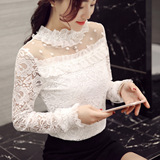 2016夏装新款蕾丝打底衫 短款韩版长袖修身显瘦 白色花瓣领