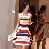 2016夏装新款韩版女装 明星同款陈乔恩条纹茧裙OL气质修身连衣裙