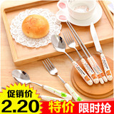 环保陶瓷柄不锈钢勺子筷子 时尚可爱餐具套装 叉子 西餐刀0720