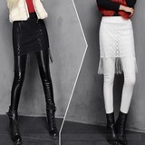 2015冬季新款假两件打底裤裙裤韩版时尚蕾丝拼皮显瘦加绒小脚裤女