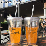 EXO韩国饮料杯透明双层吸管杯子学生塑料随手杯带盖创意个性水瓶