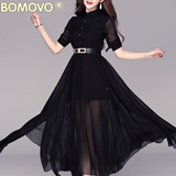 Bomovo2016秋季新款女装欧美时尚修身显瘦黑色长款连衣裙大摆长裙