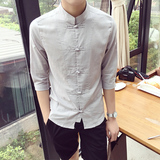夏季男士中国风盘扣立领中袖衬衫青年复古修身S码XS号小码男衬衣