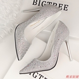 香港IT代购甜美金银色尖头婚鞋彩钻水钻细跟浅口高跟鞋婚鞋女单鞋
