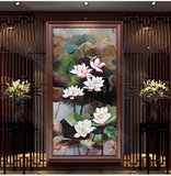 油画手绘现代中式古典别墅客厅餐厅玄关过道楼梯装饰写实花卉荷花
