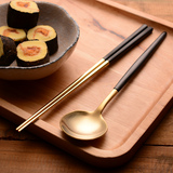 吉乐岛 304不锈钢筷子镀黑金筷勺套装勺子 韩式方形防滑筷子