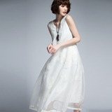 2016夏季新款欧根纱长裙手工刺绣中长款白色连衣裙假两件套背心裙
