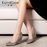 KumiKiwa2016春季新款单鞋欧美罗马水钻尖头坡跟女士高跟鞋浅口鞋