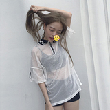韩国ulzzang女装夏季宽松休闲中长款性感透视网纱中袖t恤短袖上衣