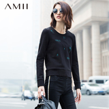 艾米amii女装旗舰店2015冬装新款加绒短款刺绣长袖卫衣女士套头
