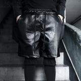 混沌 韩国代购男士新款低裆系带假两件直筒皮革短裤