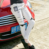 玛玛绨夏装新款2016韩版贴布白色牛仔裤女修身显瘦小脚休闲长裤潮