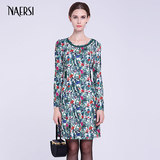 NAERSI/娜尔思年新款夏装女植物花卉印花圆领镶钻长袖连衣裙