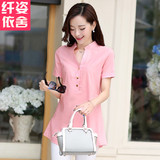 2016夏季新款韩版棉麻大码女装衬衫女短袖立领上衣纯色中长款衬衣
