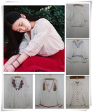 古着日本原单森女系复古文艺民族风刺绣套头开衫纯棉白衬衫女衬衣