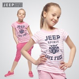 Jeep/吉普童装 女童短袖T恤套装 纯棉条纹t恤套儿童7分裤子夏款