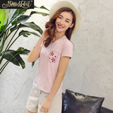 苏醒的乐园V领T恤女2016夏短袖宽松修身显瘦短款学生粉色韩版贴布